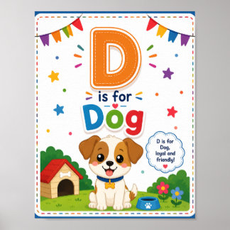 D är för Hund Alfabet Klassrumsaffisch för Barn Poster
