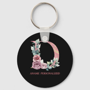 D Blommigt Monogram Namn Brev Rosa Agate Keychain Nyckelring