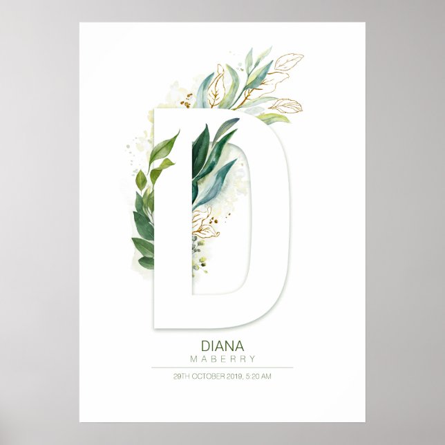 D Bokstavsmonogram Guldgrön Foliage Chic Poster (Framsidan)