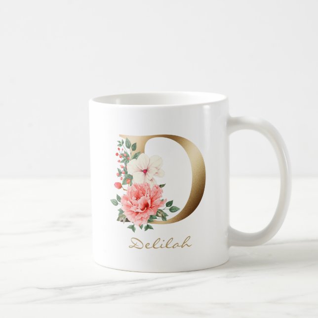 D Brev Guld Monogram | Blommigt för vit Rosa Grönt Kaffemugg (Höger)