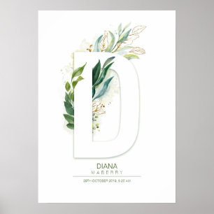 D Brev Monogram Guld Greenery Foliage Chic Poster