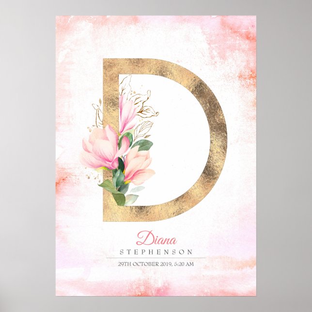 D Brev Monogram Guld Löv Rosa Magnolia Blommigt Poster (Framsidan)