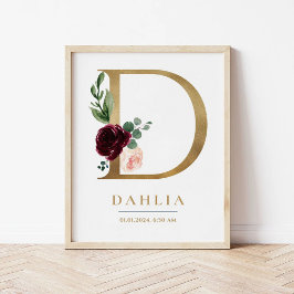 D Brev Monogram Namn Marsala Blommigt Nursery Poster