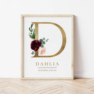 D Brev Monogram Namn Marsala Blommigt Nursery Poster