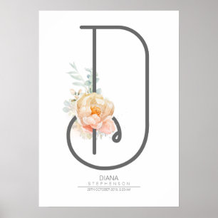 D Brev Monogram  Peach Blommigt Home Decor Poster
