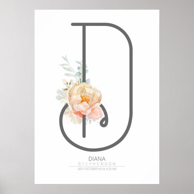 D Brev Monogram  Peach Blommigt Home Decor Poster (Framsidan)