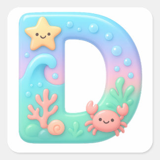 "D" Cute Bubble Letter - Underwater Sea Creature A Fyrkantigt Klistermärke