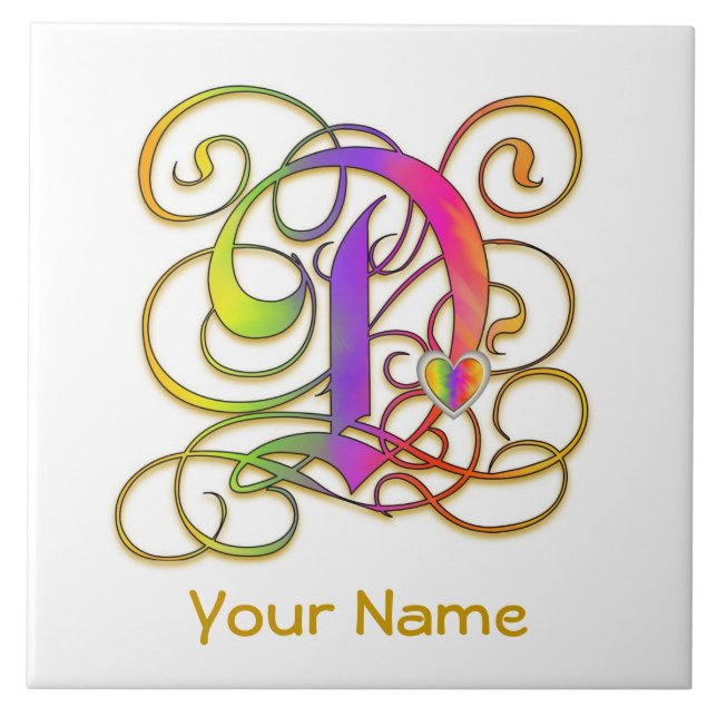 D Monogram ditt namn keramisk platta "Gothic Rainb Kakelplatta (Framsidan)