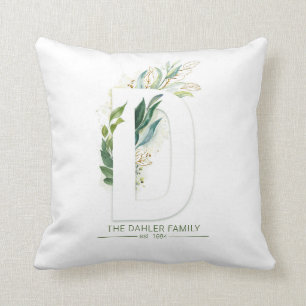 D Monogram Elegant Guld Greenery Familjenamn Kudde