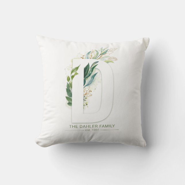 D Monogram Elegant Guld Greenery Family Namn Kudde (Framsida)