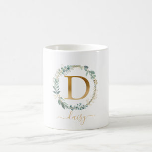 D monogram, kundspecifik, leafy-krans kaffemugg