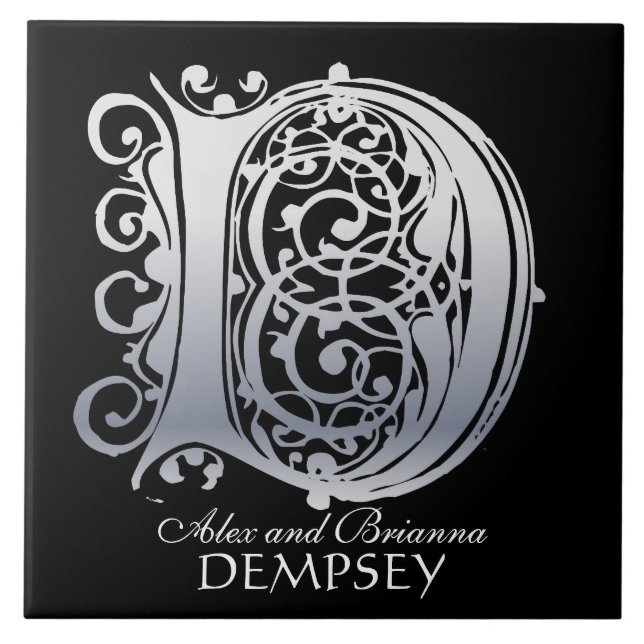 D Monogram "Silver Snöre on Black" med Namn Tile Kakelplatta (Framsidan)