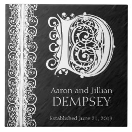 D Monogram "White Snöre on Black" Bröllop Tile Kakelplatta