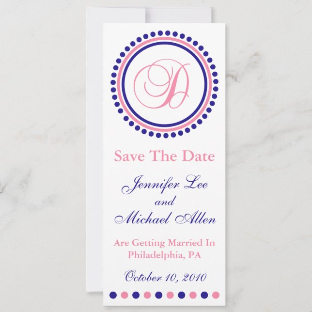 D Prickig Cirkelmonogram Save The Date (Blå / Rosa Spara Datumet (Framsida)