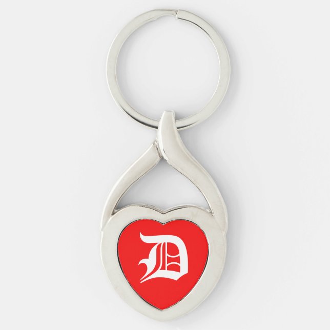 "D" Red Heart Keychain Twisted Heart Silverfärgad Nyckelring (Framsidan)