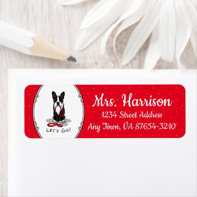 Då kör vi! Boston Terrier (svart) Rolig hund Returadress Etikett (Insitu)