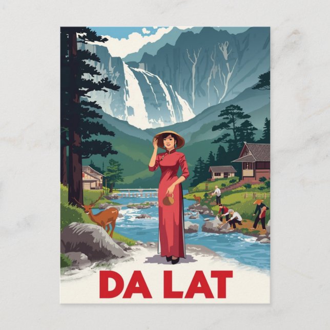 Da Lat vattenfall & Ao Dai Vykort (Framsida)