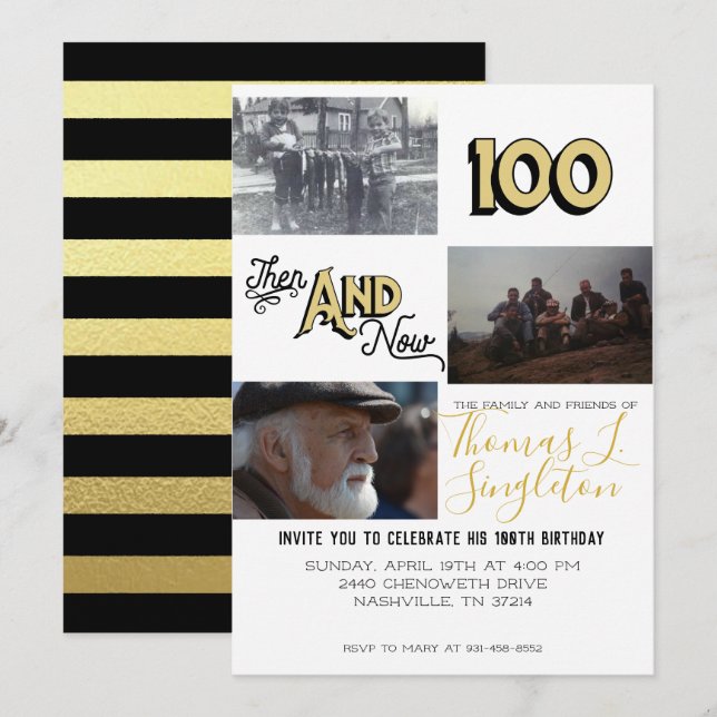 Då & Nu Foto Collage | 100-årsdag Inbjudningar (Fram/baksida)