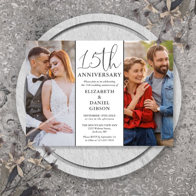 Då och nu 2 Foto 15-årsjubileum för bröllop Inbjudningar (Then And Now 2 Photo 15th Wedding Anniversary Invitation)