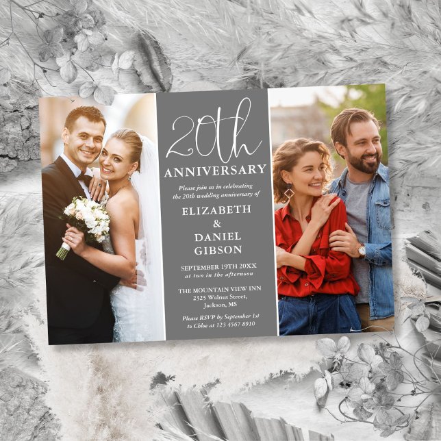 Då och Nu 2 Foto 20-årsjubileum Inbjudningar (Then And Now 2 Photo 20th Wedding Anniversary Invitation)