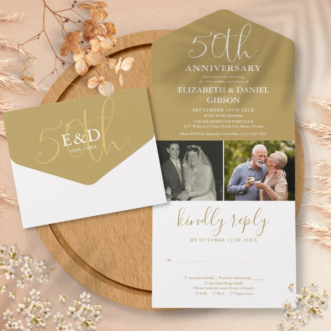 Då och nu 2 Foto 50-års bröllopsjubileum Guld (Then And Now 2 Photo 50th Wedding Anniversary Gold All In One Invitation)