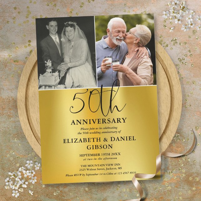Då och nu 2 Foto 50-års bröllopsjubileum Inbjudningar (Then And Now 2 Photo 50th Wedding Anniversary Invitation)