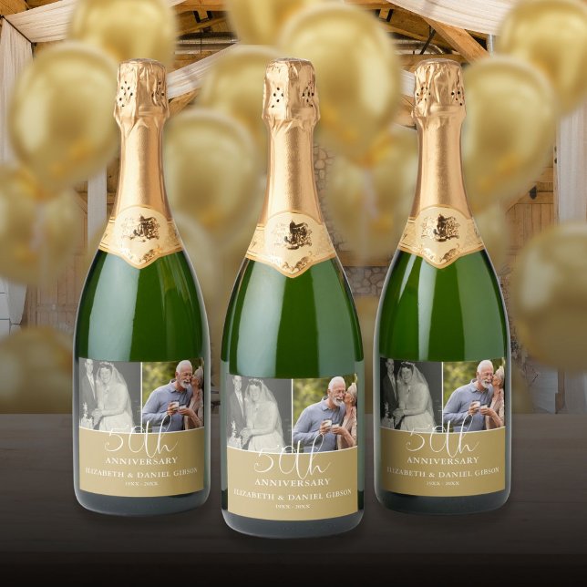 Då och nu 2 Foto 50-årsdag för bröllopet (Then And Now 2 Photo 50th Wedding Anniversary Sparkling Wine Label)