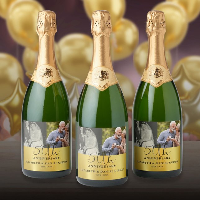 Då och nu 2 Foto 50-årsjubileum för bröllop (Then And Now 2 Photo 50th Wedding Anniversary Sparkling Wine Label)