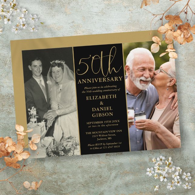 Då och nu 2 Foto 50-årsjubileum för bröllop Inbjudningar (Then And Now 2 Photo 50th Wedding Anniversary Invitation)