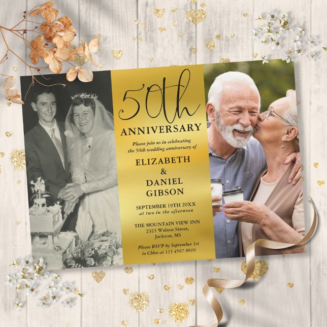Då och nu 2 Foto 50-årsjubileum för bröllop Inbjudningar (Then And Now 2 Photo 50th Wedding Anniversary Invitation)