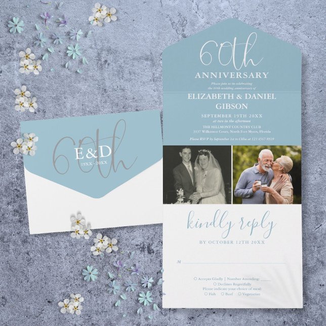 Då och nu 2 Foto 60-års bröllopsjubileum (Then And Now 2 Photo 60th Wedding Anniversary All In One Invitation)