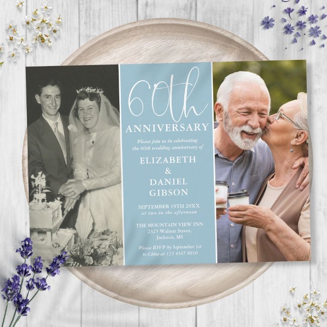 Då och nu 2 Foto 60-års bröllopsjubileum Inbjudningar (Then And Now 2 Photo 60th Wedding Anniversary Invitation)