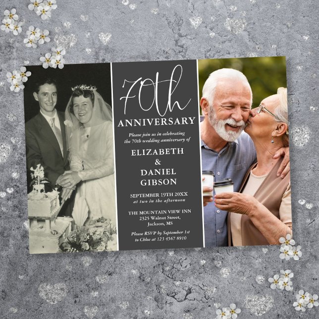 Då och nu 2 Foto 70-års bröllopsjubileum Inbjudningar (Then And Now 2 Photo 70th Wedding Anniversary Invitation)