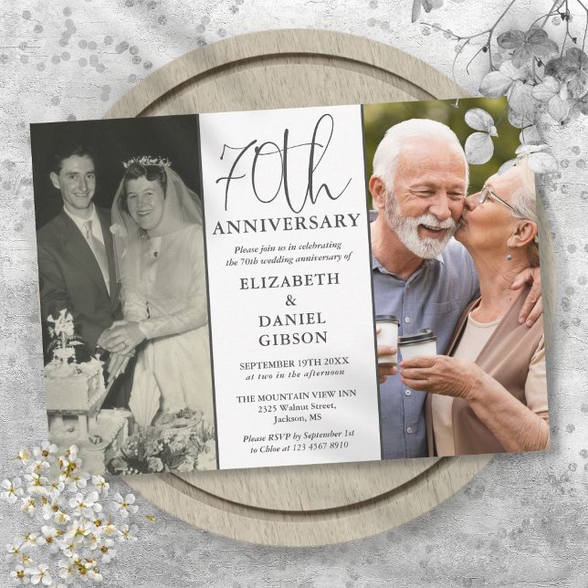 Då och nu 2 foto 70-årsdag för bröllopet inbjudningar (Then And Now 2 Photo 70th Wedding Anniversary Invitation)