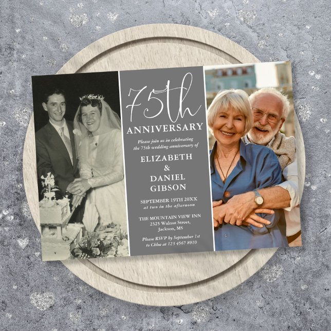 Då och nu 2 Foto 75-års bröllopsjubileum Inbjudningar (Then And Now 2 Photo 75th Wedding Anniversary Invitation)