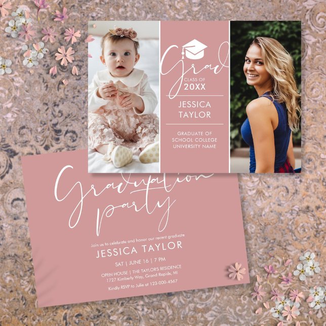 Då och Nu 2 Foto Rosa Examenfest Inbjudningar (Then And Now 2 Photo Pink Graduation Party Invitation)