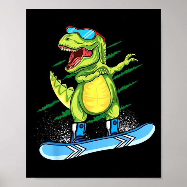 Dabbig dinosaur snowboardåkning berg t rex poster (Framsidan)