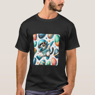 Dabbig katt-astronaut svävande i rymden med ägg P T Shirt