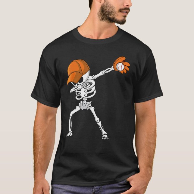 Dabbig skelett baseboll Halloween-spelare catcher T Shirt (Framsida)