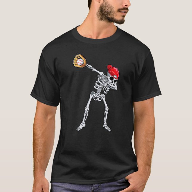 Dabbig skelett baseboll Halloween-spelare catcher T Shirt (Framsida)