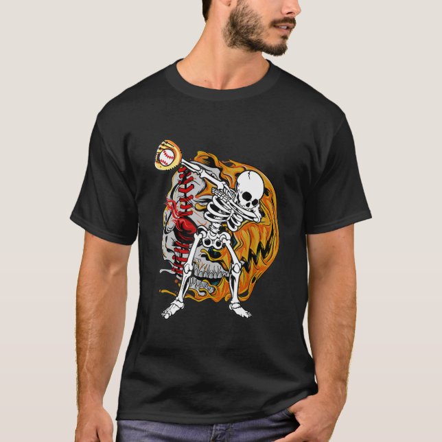 Dabbing Baseball Player Halloween Pumpkin Skeleton T Shirt (Framsida)
