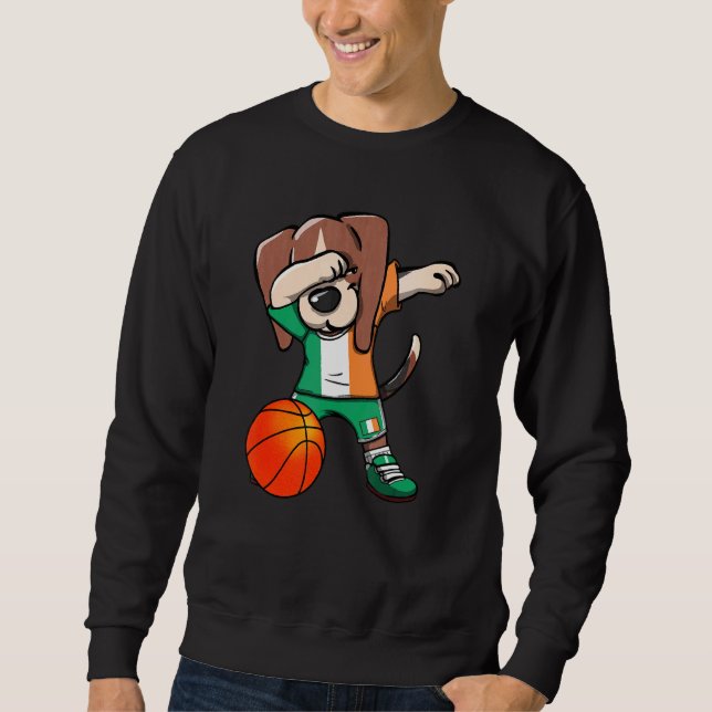 Dabbing Beagle Hund Ireland Jersey Irish Basketbal Lång Ärmad Tröja (Framsida)