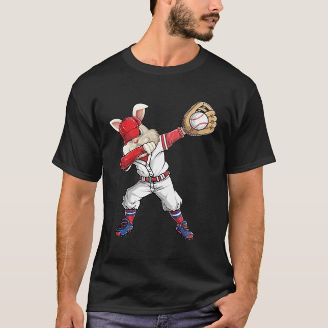 Dabbing Bunny Holding Baseball Ball Catcher Easter T Shirt (Framsida)
