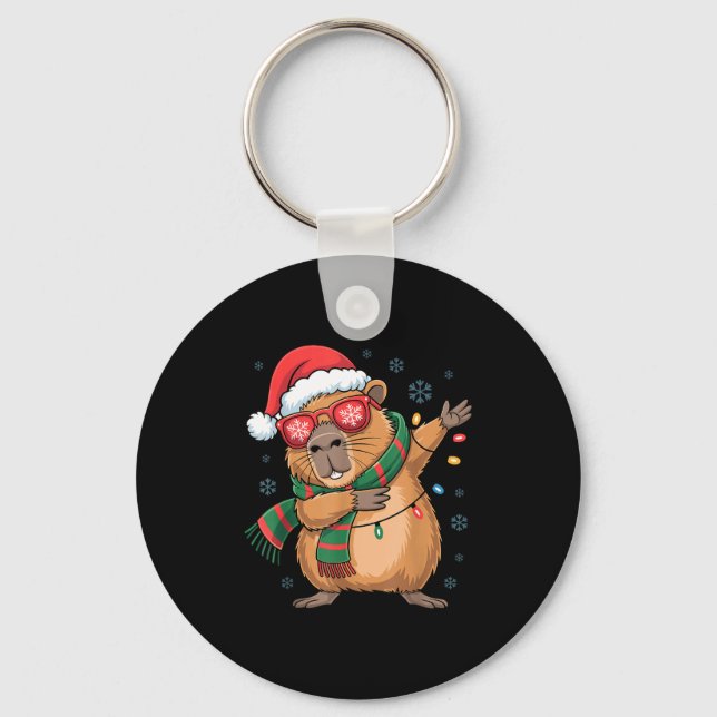 Dabbing Capybara Christmas Santa Hat Funny Holiday Nyckelring (Framsida)