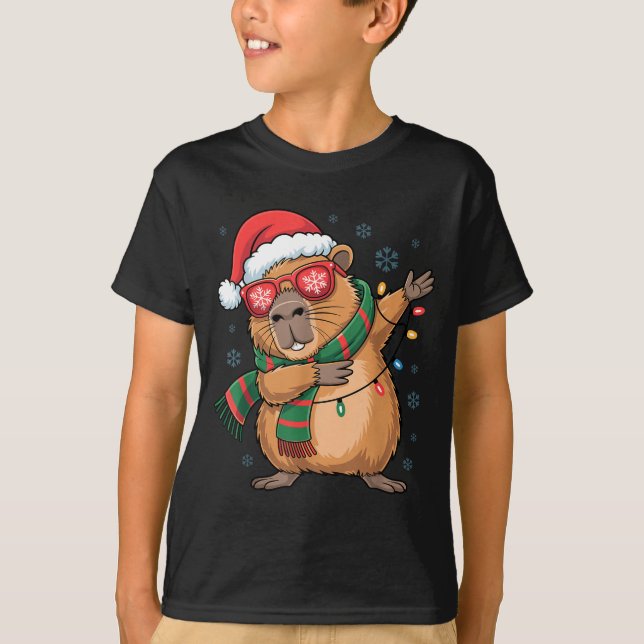 Dabbing Capybara Christmas Santa Hat Funny Holiday T Shirt (Framsida)