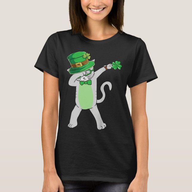 Dabbing Cat Leprechaun  Cat Shamrock St Patrick s  T Shirt (Framsida)