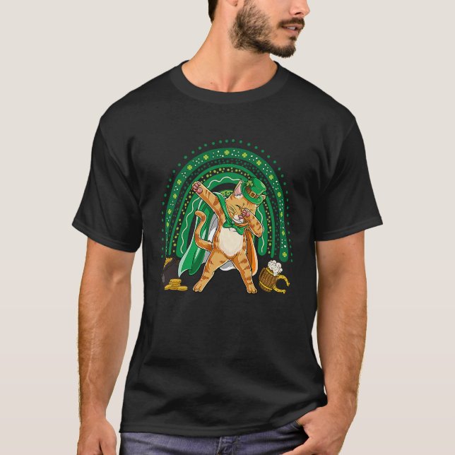 Dabbing Cat Rainbow St Patrick's Day Leprechaun Da T Shirt (Framsida)