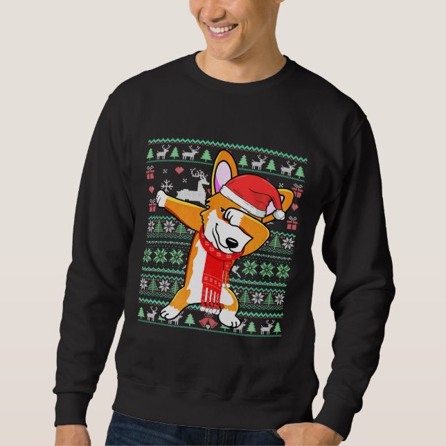 Dabbing Corgi Hund Ugly jul Sweater Julafton Cost Lång Ärmad Tröja (Framsida)