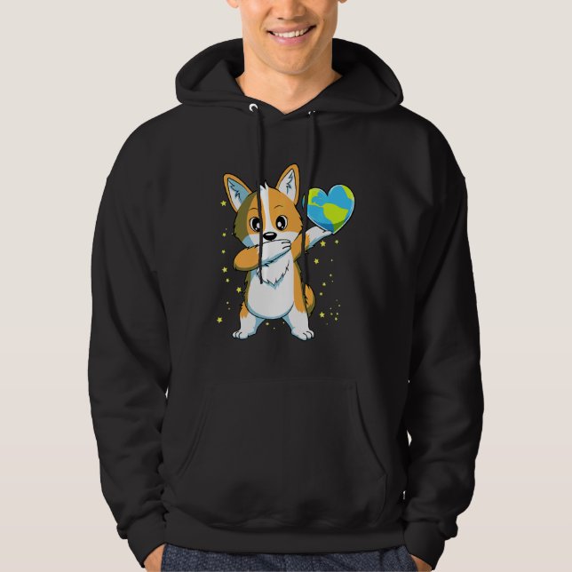 Dabbing Corgi Lycklig Earth Day Boys Girls Hoodie (Framsida)