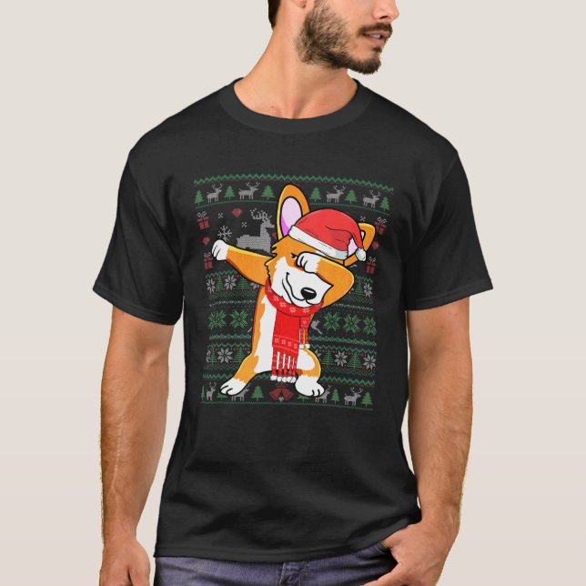 Dabbing Corgi Ugly jul Sweater Julafton Costume T Shirt (Framsida)